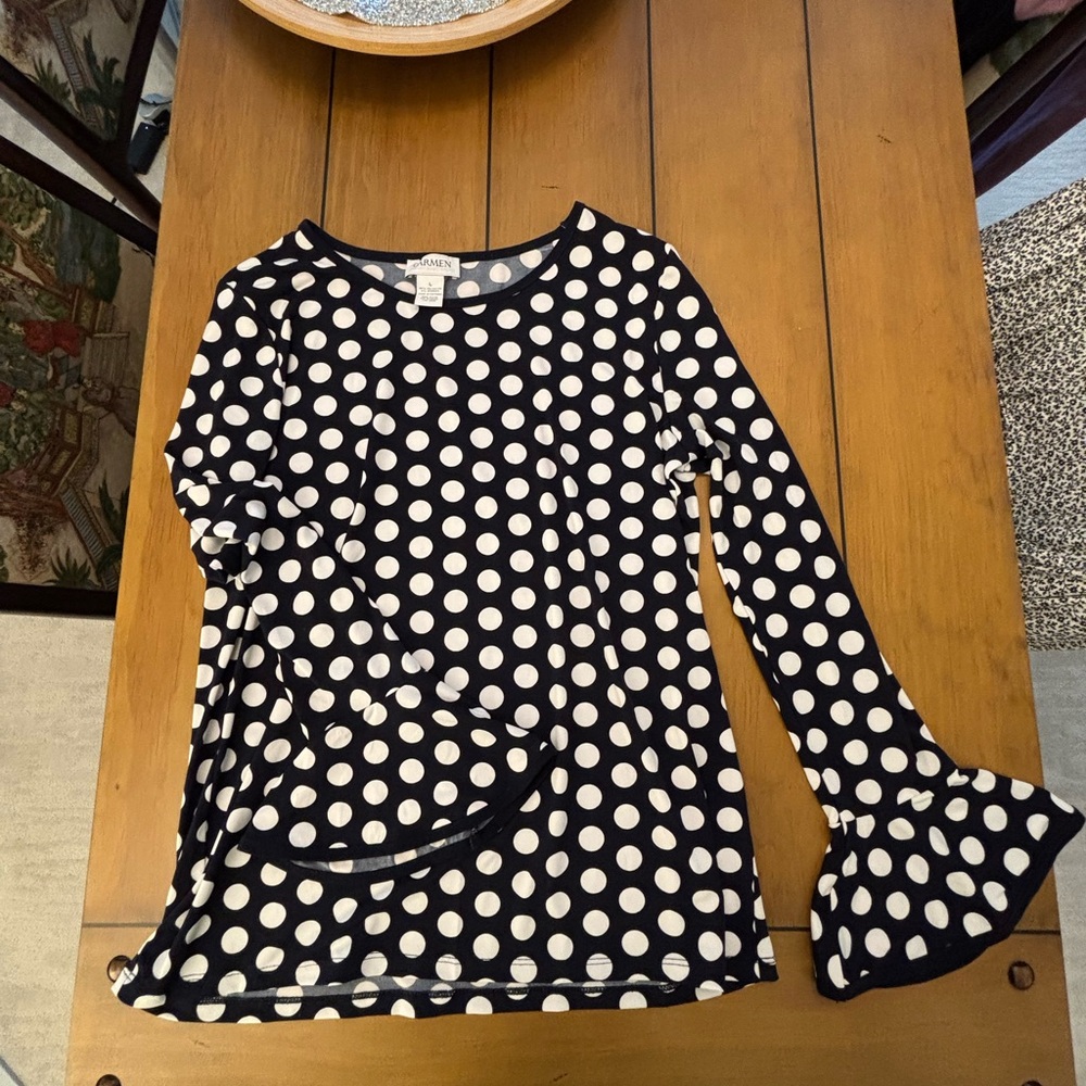 Carmen Marc Valvo Navy and White Polka Dot Long Sleeve Top